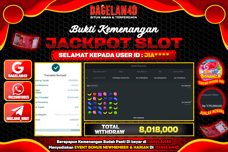 Bukti JP Slot Sweet Bonanza 1000 DAGELAN4D 14 April 2025 Rp 8.010.000, – LUNAS