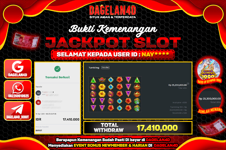 Bukti JP Slot Gates of Olympus 1000 DAGELAN4D 16 April 2025 Rp 17.410.000, – LUNAS