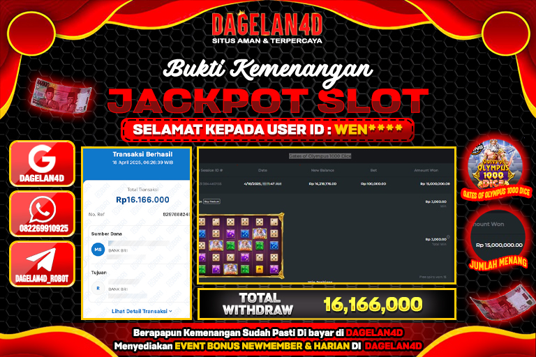 Bukti JP Slot Gates of Olympus 1000 Dice DAGELAN4D 18 April 2025 Rp 16.166.000, – LUNAS