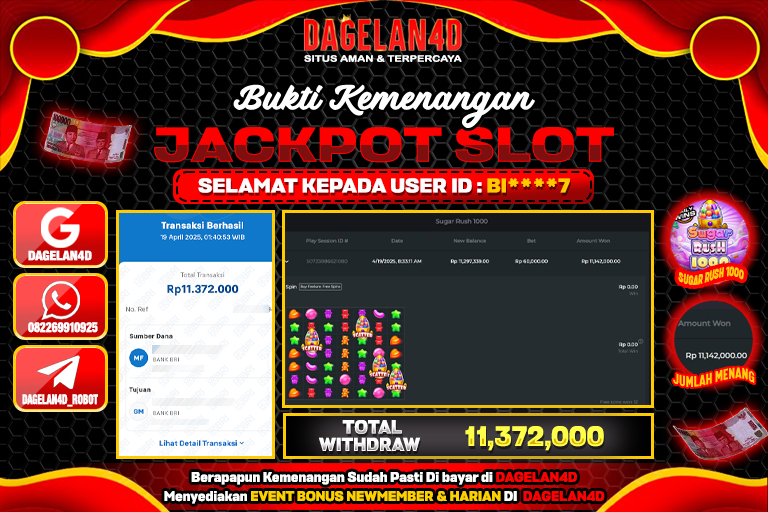 Bukti JP Slot Sugar Rush 1000 DAGELAN4D 19 April 2025 Rp 11.372.000, – LUNAS