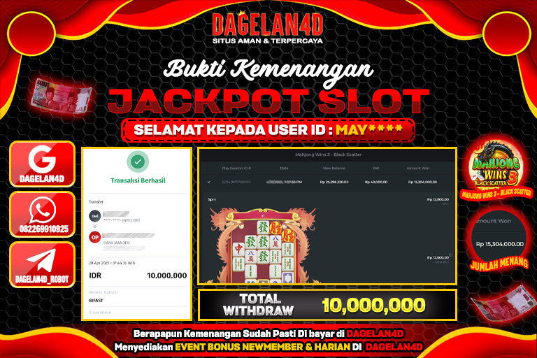 Bukti JP Slot Mahjong Wins 3 - Black Scatter DAGELAN4D 20 April 2025 Rp 10.000.000, – LUNAS