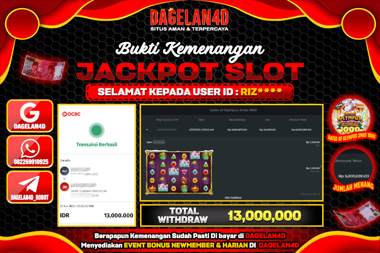 Bukti JP Slot Gates of Olympus Xmas 1000 DAGELAN4D 21 April 2025 Rp 13.000.000, – LUNAS
