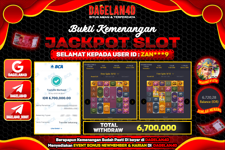 Bukti JP Slot Treasures of Aztec DAGELAN4D 22 April 2025 Rp 6.700.000, – LUNAS