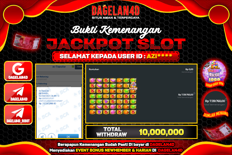 Bukti JP Slot Sugar Rush 1000 DAGELAN4D 22 April 2025 Rp 10.000.000, – LUNAS
