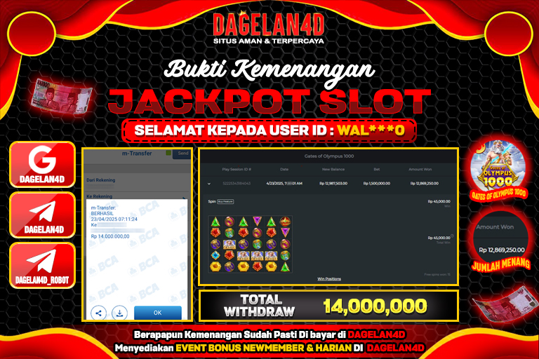 Bukti JP Slot Gates of Olympus 1000 DAGELAN4D 23 April 2025 Rp 14.000.000, – LUNAS