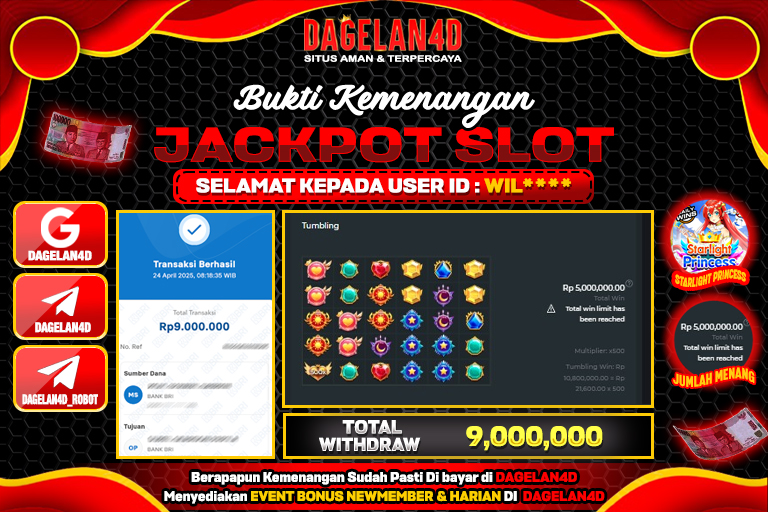 Bukti JP Slot Starlight Princess DAGELAN4D 24 April 2025 Rp 9.000.000, – LUNAS