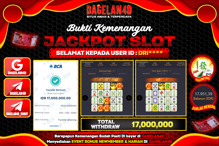 Bukti JP Slot Mahjong Ways DAGELAN4D 25 April 2025 Rp 17.000.000, – LUNAS