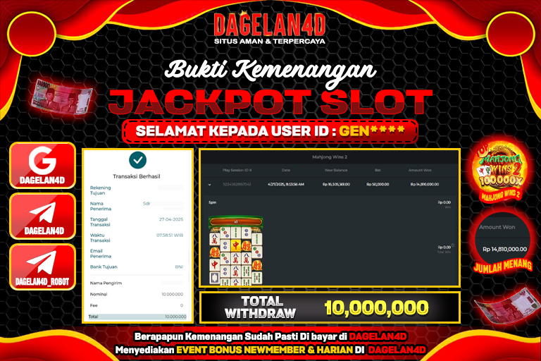 Bukti JP Slot Mahjong Wins 2 DAGELAN4D 27 April 2025 Rp 10.000.000, – LUNAS