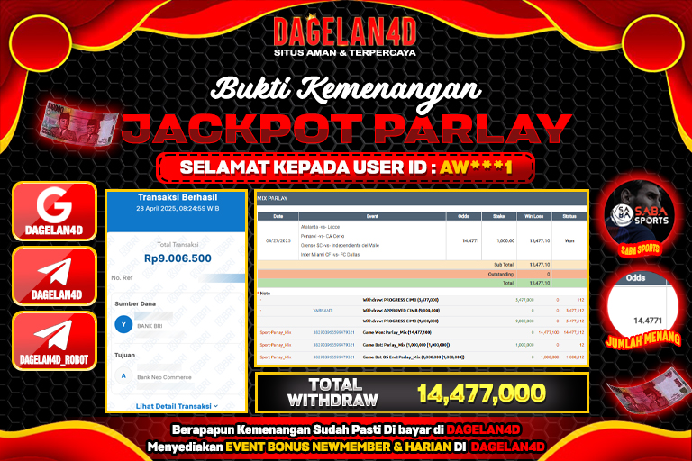 Bukti JP Parlay SABA SPORT DAGELAN4D 28 April 2025 Rp 14.477.000, – LUNAS