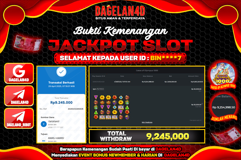 Bukti JP Slot Gates of Olympus 1000 DAGELAN4D 29 April 2025 Rp 10.000.000, – LUNAS