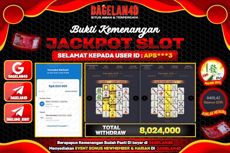 Bukti JP Slot Mahjong Ways DAGELAN4D 28 April 2025 Rp 8.024.000, – LUNAS