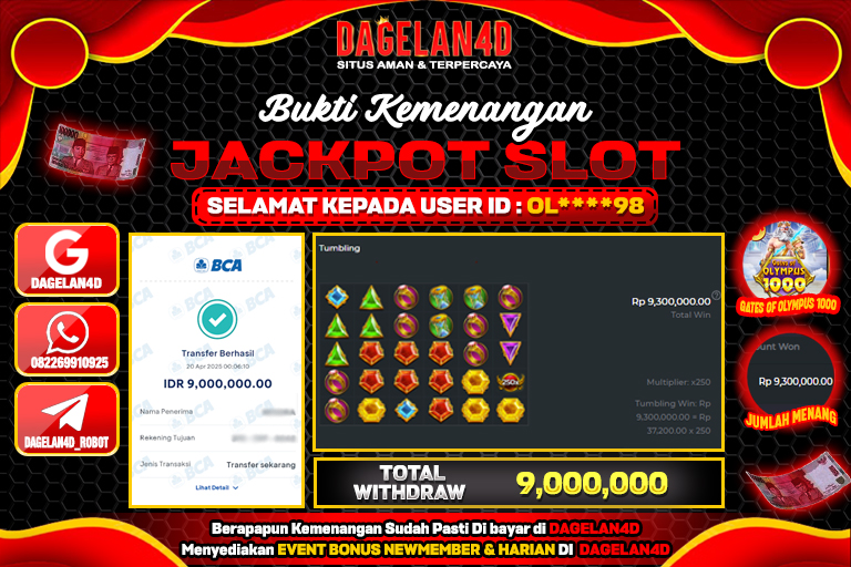 Bukti JP Slot Gates of Olympus 1000 DAGELAN4D 20 April 2025 Rp 9.000.000, – LUNAS