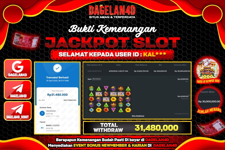 Bukti JP Slot Gates of Olympus 1000 DAGELAN4D 25 April 2025 Rp 31.480.000, – LUNAS