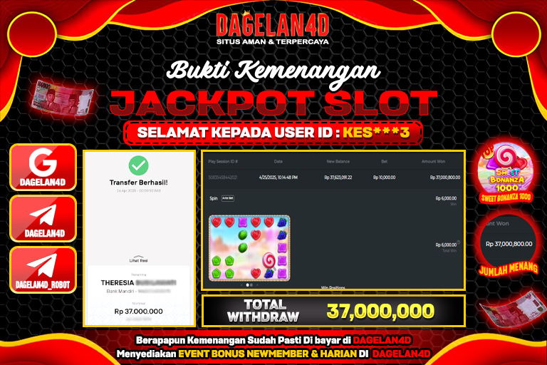 Bukti JP Slot Sweet Bonanza 1000 DAGELAN4D 26 April 2025 Rp 37.000.000, – LUNAS