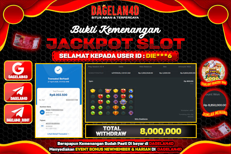 Bukti JP Slot Starlight Princess 1000 DAGELAN4D 27 April 2025 Rp 8.000.000, – LUNAS