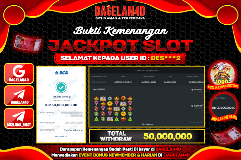 Bukti JP Slot Gates of Olympus 1000 DAGELAN4D 29 April 2025 Rp 50.000.000, – LUNAS