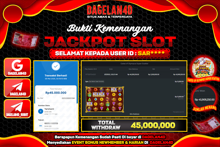 Bukti JP Slot Gates of Olympus Super Scatter DAGELAN4D 05 May 2025 Rp 45.000.000, – LUNAS