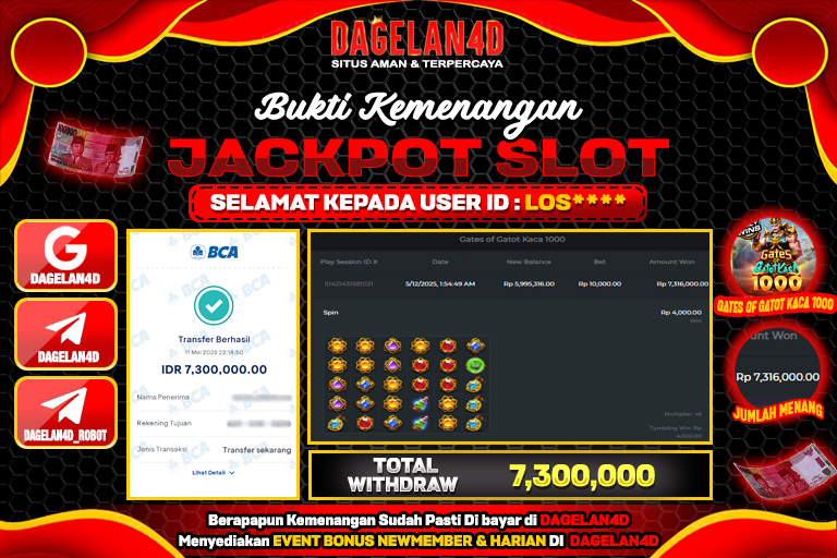 Bukti JP Slot Gates of Gatot Kaca 1000 DAGELAN4D 12 May 2025 Rp 7.300.000, – LUNAS