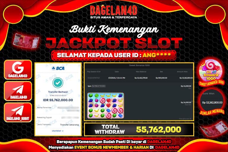 Bukti JP Slot Sweet Bonanza 1000 DAGELAN4D 13 May 2025 Rp 7.300.000, – LUNAS