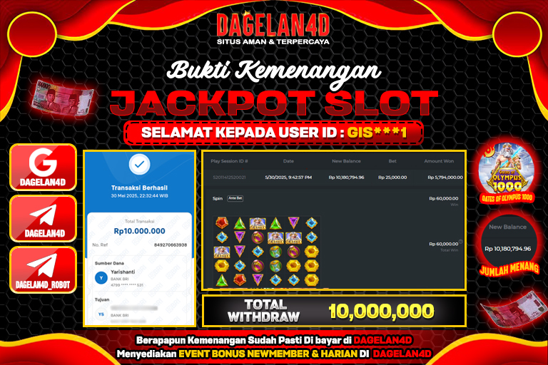 Bukti JP Slot Gates of Olympus 1000 DAGELAN4D 31 May 2025 Rp 10.000.000, – LUNAS