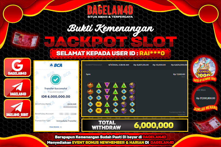 Bukti JP Slot Gates of Olympus 1000 DAGELAN4D 11 JUNE 2025 Rp 6.000.000, – LUNAS