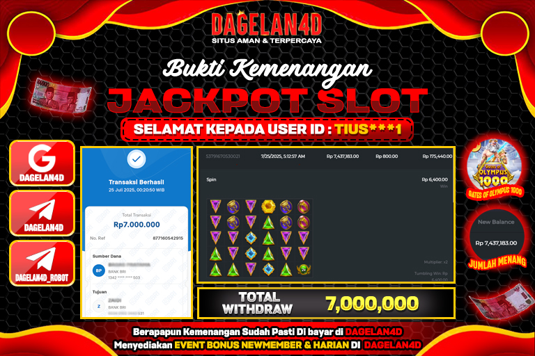 Bukti JP Slot Gates of Olympus 1000 DAGELAN4D 25 JULY 2025 Rp 7.000.000, – LUNAS