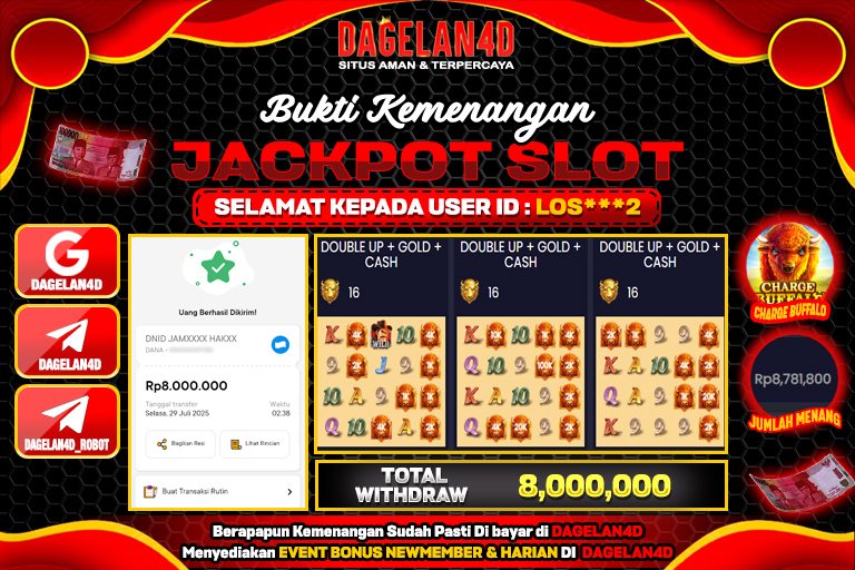 Bukti JP Slot Charge Buffalo DAGELAN4D 29 JULY 2025 Rp 8.000.000, – LUNAS