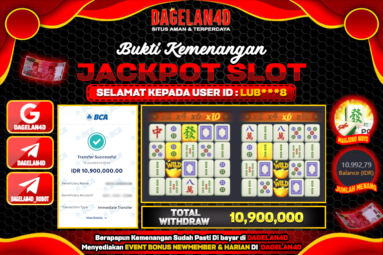 Bukti JP Slot Mahjong Ways DAGELAN4D 15 JULY 2025 Rp 10.900.000, – LUNAS