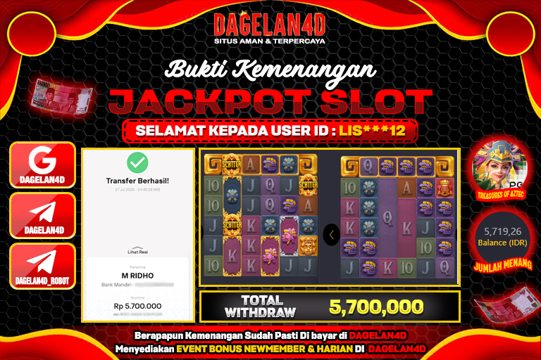 Bukti JP Slot Treasures of Aztec DAGELAN4D 27 JULY 2025 Rp 5.700.000, – LUNAS