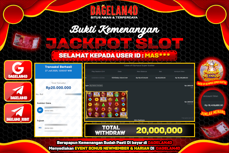 Bukti JP Slot Gates of Olympus Super Scatter DAGELAN4D 27 JULY 2025 Rp 22.000.000, – LUNAS