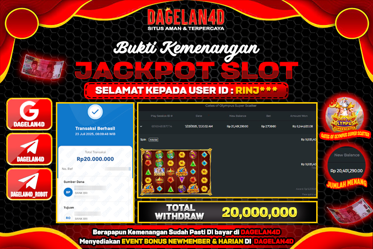 Bukti JP Slot Gates of Olympus Super Scatter DAGELAN4D 23 JULY 2025 Rp 20.000.000, – LUNAS