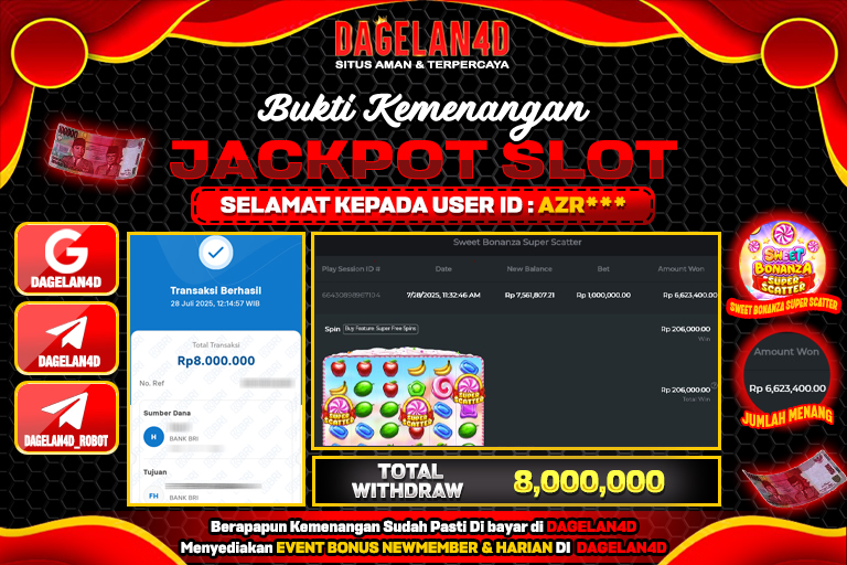 Bukti JP Slot Sweet Bonanza Super Scatter DAGELAN4D 28 JULY 2025 Rp 8.000.000, – LUNAS