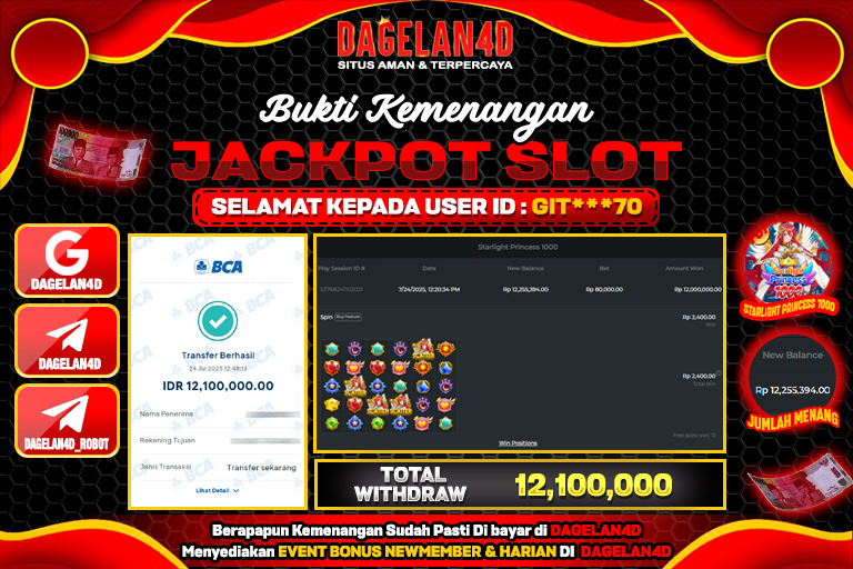 Bukti JP Slot Starlight Princess 1000 DAGELAN4D 24 JULY 2025 Rp 12.100.000, – LUNAS