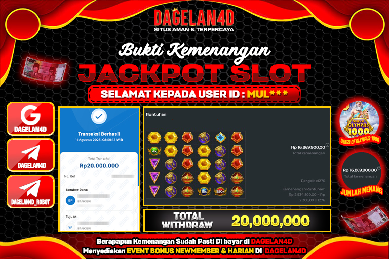 Bukti JP Slot Gates of Olympus 1000 DAGELAN4D 11 AGUSTUS 2025 Rp 20.000.000, – LUNAS