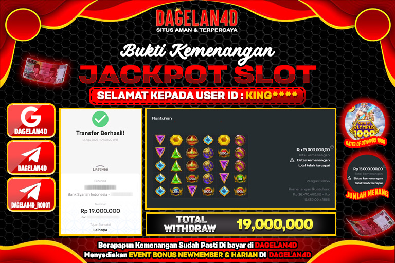 Bukti JP Slot Gates of Olympus 1000 DAGELAN4D 12 AGUSTUS 2025 Rp 19.000.000, – LUNAS