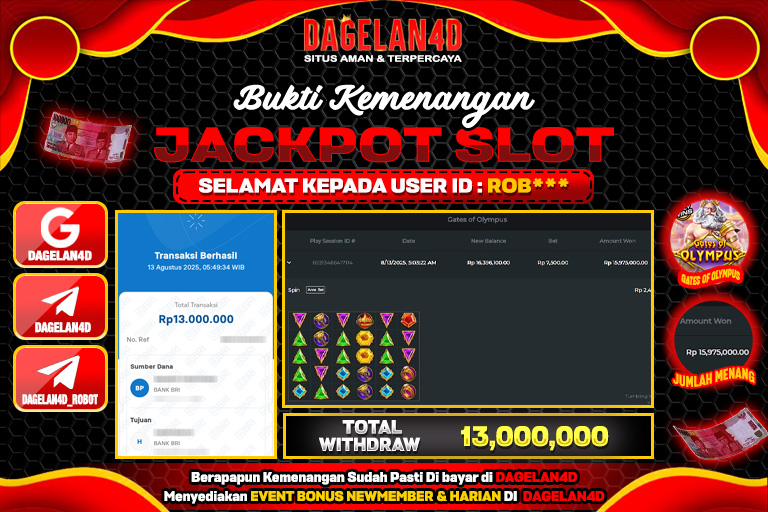 Bukti JP Slot Gates of Olympus DAGELAN4D 13 AGUSTUS 2025 Rp 13.000.000, – LUNAS