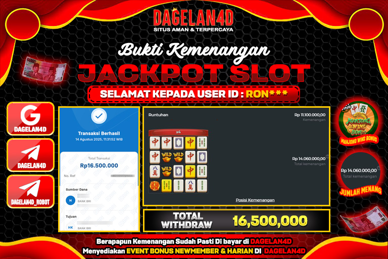 Bukti JP Slot Mahjong Wins Bonus DAGELAN4D 14 AGUSTUS 2025 Rp 16.500.000, – LUNAS