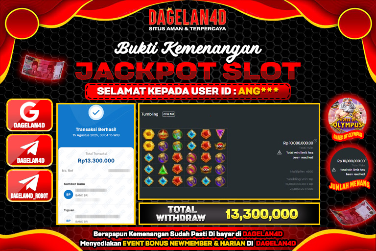Bukti JP Slot Gates of Olympus DAGELAN4D 15 AGUSTUS 2025 Rp 13.300.000, – LUNAS