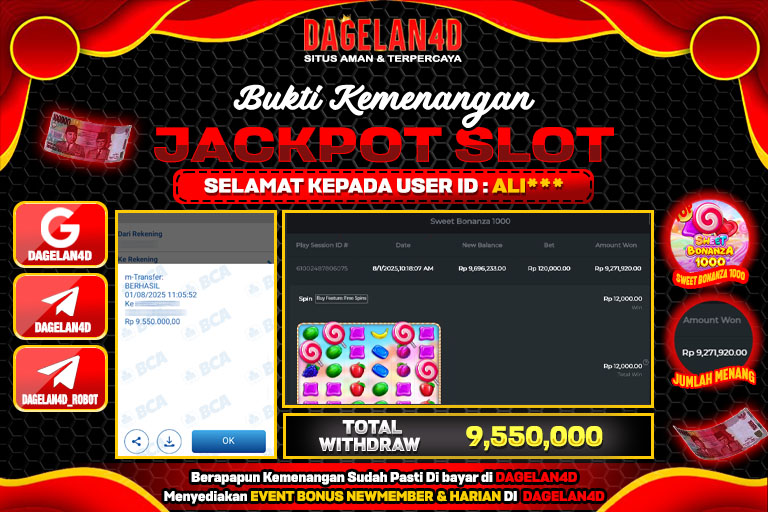 Bukti JP Slot Sweet Bonanza 1000 DAGELAN4D 01 AGUSTUS 2025 Rp 9.550.000, – LUNAS