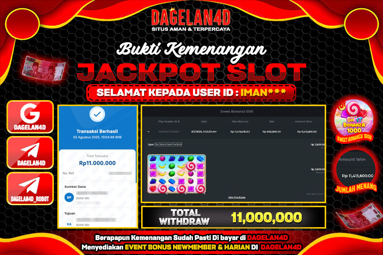 Bukti JP Slot Sweet Bonanza 1000 DAGELAN4D 02 AGUSTUS 2025 Rp 11.000.000, – LUNAS