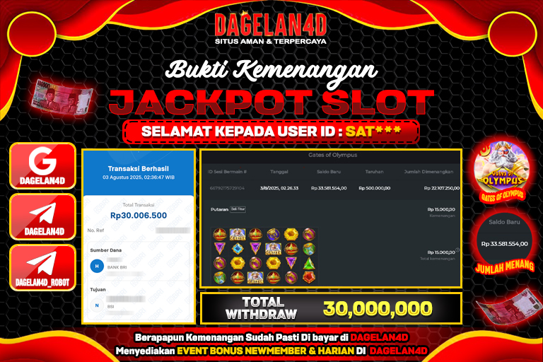 Bukti JP Slot Gates of Olympus DAGELAN4D 03 AGUSTUS 2025 Rp 30.000.000, – LUNAS