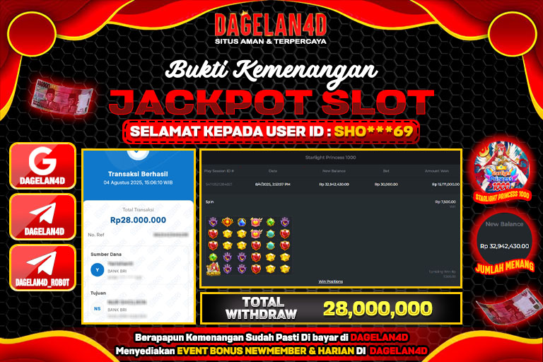 Bukti JP Slot Starlight Princess 1000 DAGELAN4D 05 AGUSTUS 2025 Rp 28.000.000, – LUNAS