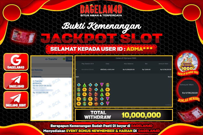 Bukti JP Slot Gates of Olympus 1000 DAGELAN4D 06 AGUSTUS 2025 Rp 10.000.000, – LUNAS