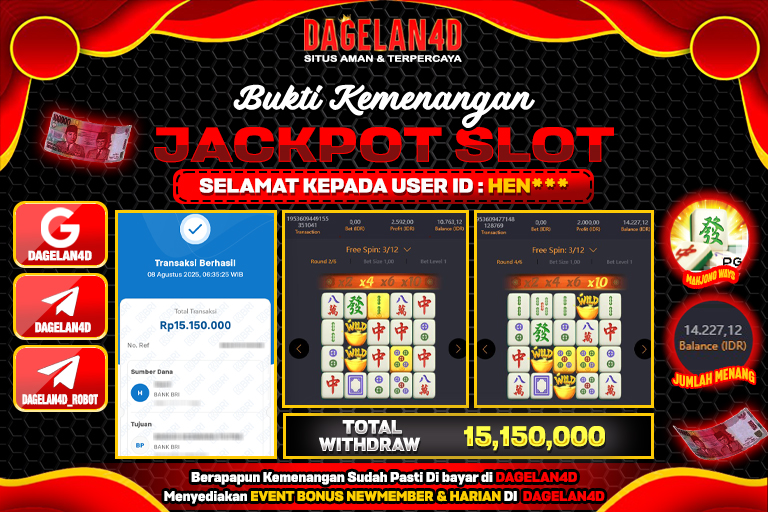 Bukti JP Slot Mahjong Ways DAGELAN4D 08 AGUSTUS 2025 Rp 15.150.000, – LUNAS