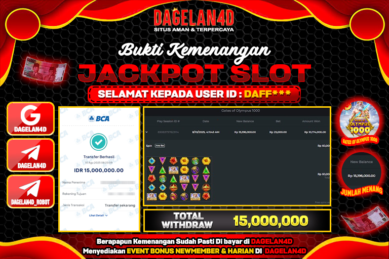 Bukti JP Slot Gates of Olympus 1000 DAGELAN4D 10 AGUSTUS 2025 Rp 15.000.000, – LUNAS