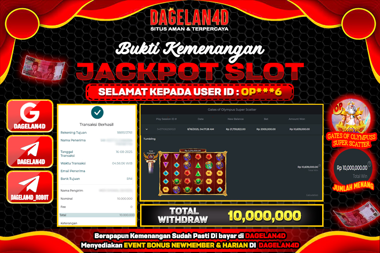 Bukti JP Slot Gates of Olympus Super Scatter DAGELAN4D 6 AGUSTUS 2025 Rp 10.000.000, – LUNAS