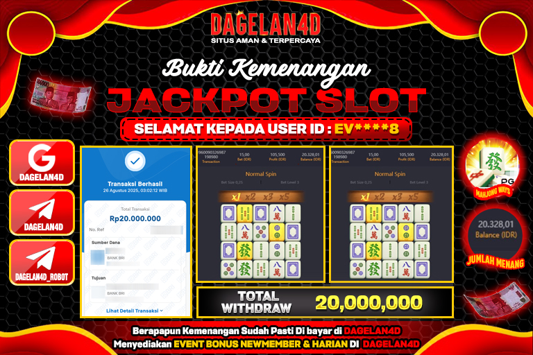 Bukti JP Mahjong Ways DAGELAN4D 26 AGUSTUS 2025 Rp 20,000,000, – LUNAS
