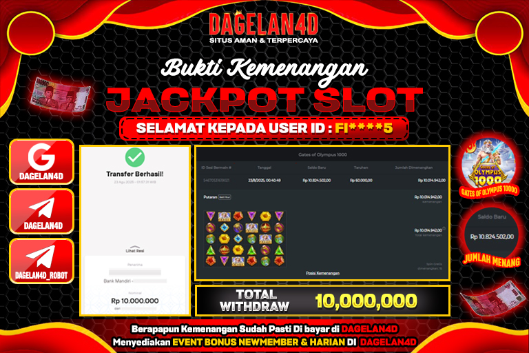 Bukti JP Slot Gates of Olympus 1000 DAGELAN4D 23 AGUSTUS 2025 Rp 10,000,000, – LUNAS