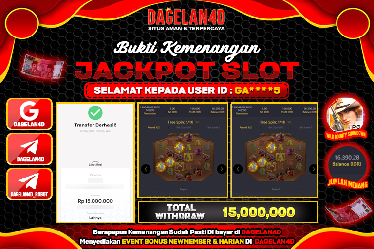 Bukti JP Wild Bounty Showdown DAGELAN4D 27 AGUSTUS 2025 Rp 15,000,000, – LUNAS