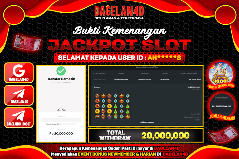 Bukti JP Gates of Olympus 1000 DAGELAN4D 28 AGUSTUS 2025 Rp 20,000,000, – LUNAS